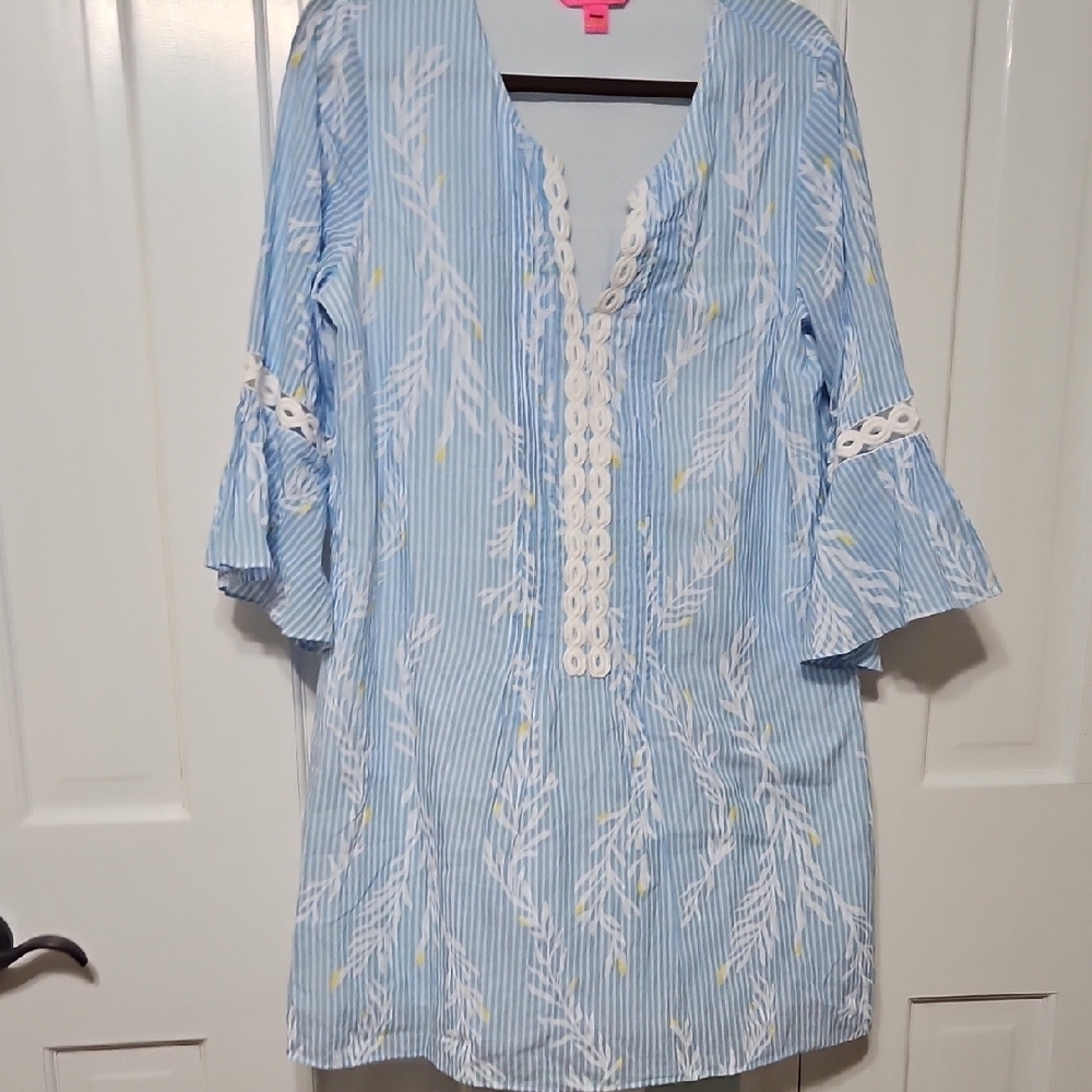 Blue and White Striped Tunic with Lace Trim